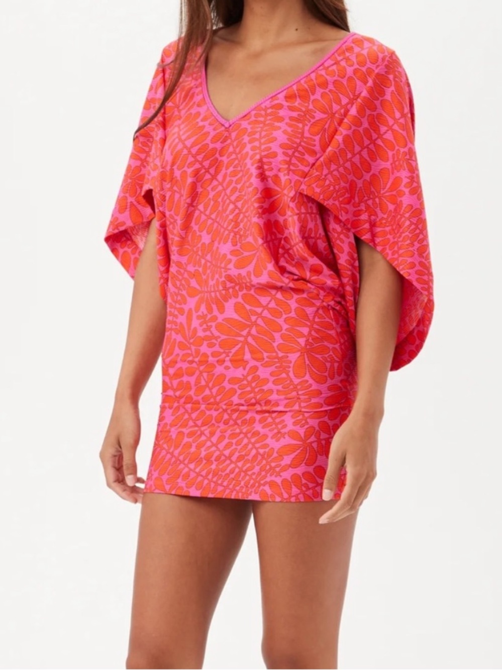 Trina Turk Trellis Pink and Coral Printed V Neck Swim Cover Up Dress - Picture 3 of 9